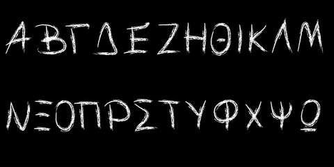 Capital letters of the Greek alphabet in white chalk on a blackboard. Hand drawn vector illustration.