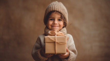 young toddler young child kid boy, caucasian, holds a christmas gifts, festive, anticipation and curiosity, christmas spirit