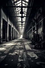 Abandoned old factory interior, industrial, dirty, vertical. Generative AI