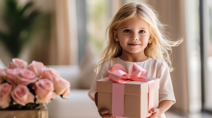 a toddler, girl with a gift in her hand, receiving a present or giving a gift to someone, pink pink colors, mother's day valentine's day or christmas or birthday, caucasian