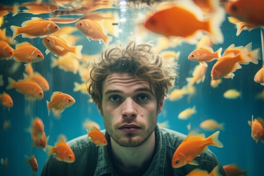 A man looks into an aquarium. AI generated, human enhanced.