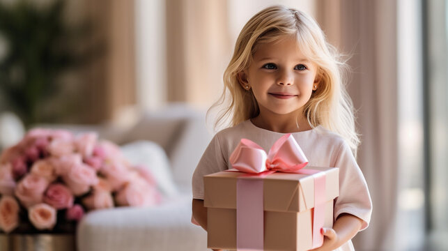 a toddler, girl with a gift in her hand, receiving a present or giving a gift to someone, pink pink colors, mother's day valentine's day or christmas or birthday, caucasian