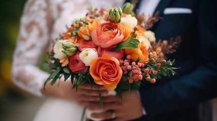 Wedding bouquet in hands of bride and groom in wedding day Closeup Generative AI