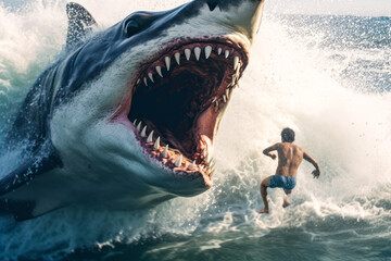 Great white shark attacking a man on the beach. Generative AI