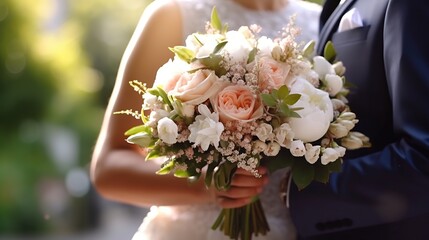 Wedding bouquet in hands of bride and groom in wedding day Closeup Generative AI
