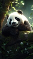 Obraz premium Giant panda eating bamboo leaves. AI generated art illustration. 