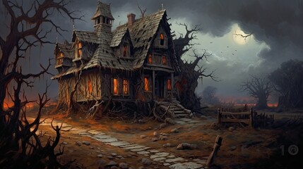Obraz premium Scary house in the woods. AI generated art illustration. 