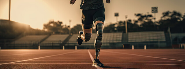 A man with prosthetic leg running, poster with copy space - Fictional Person, Generative AI - obrazy, fototapety, plakaty