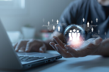 Businessman showing virtual graphic global network human icon. HR human resources recruitment team...