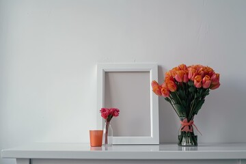 White empty frame for a picture or artwork on the table, with lovely orange pink flowers in a glass vase close by. Generative AI