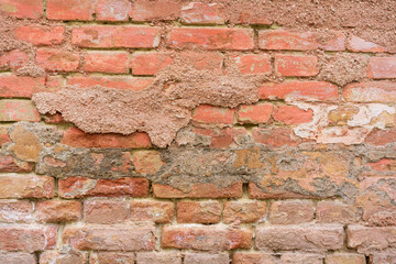Old brick wall and crumbling plaster. Background or backdrop. Blank for design