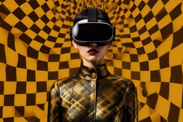 Modern woman in a black futuristic costume with golden elements in virtual reality glasses on a golden background Generative AI