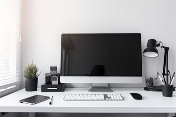 With a mock up of a PC desktop computer's white screen and office supplies on a white table in front of a white wall, the workspace is modern and white. Generative AI