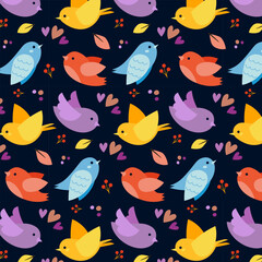 Fototapeta na wymiar Dark Pattern With Colorful Birds. Vector Illustration In Flat Style