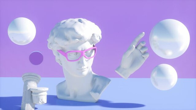 Minimal scene of sunglasses on human  classic sculpture David head sculpture pop art style background, 3d rendering