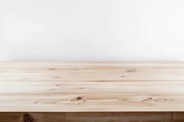 White background with a light wooden table top isolated on it can be used to montage or exhibit your merchandise. Generative AI