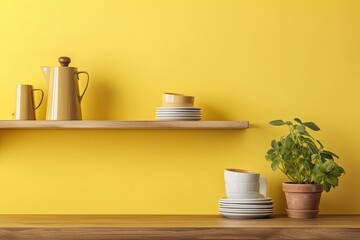 Yellow wall background with an empty wooden shelf holding a plant. Mock up of a kitchen for design. Generative AI