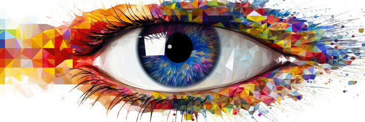 Conceptual image of the human eye, stylized with multicolor polygons, symbolizing ophthalmology and vision, on a white background