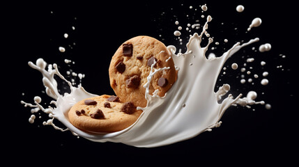 Flying milk splash with chocolate chip cookies, panoramic ai art for cafe, realistic, high speed action