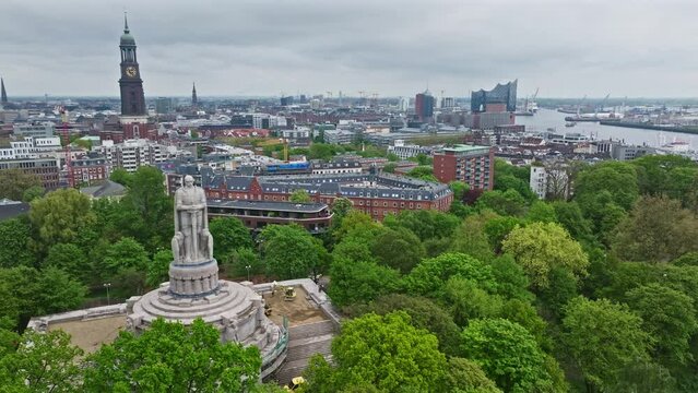 Drone shot of Bismarck Monument ( Bismarck-Denkmal ) , Hamburg , Germany . Large monument featuring a statue of of Otto von Bismarck, the 1st German Chancellor.
