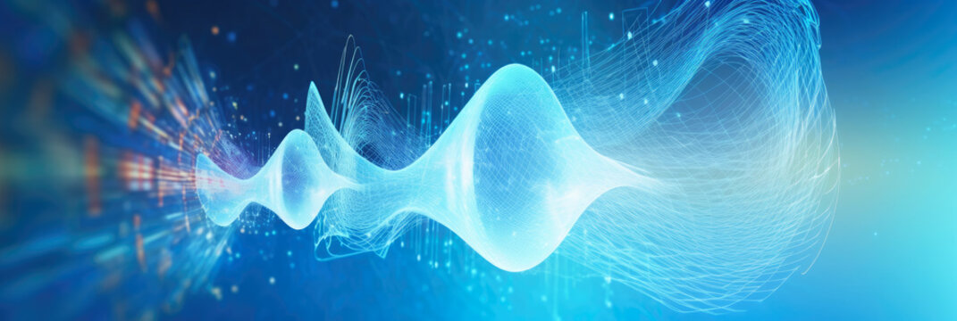 Abstract artistic rendition of sound waves emanating from a human ear, representing audiology and hearing, against a soft blue background