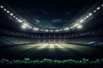 Fototapeta na wymiar Soccer stadium with green grass, illumination lights and dramatic night sky. Created using AI tools.