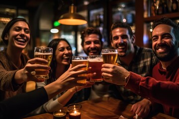 A group of friends toasting and celebrating with their beers in a vibrant, well - lit bar. Generative AI