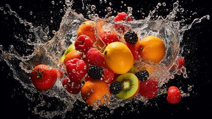 Fruits in water splash, oranges, kiwi, berries, panoramic ai art for cafe, realistic, high speed action