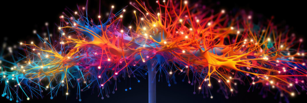 Panorama of a digital human brain model showing active neural pathways glowing in vibrant colors against a dark background