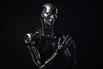 Naklejka premium Photorealistic portrait of a humanoid cyborg robot on dark background. Generative AI illustration