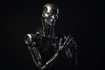 Photorealistic portrait of a humanoid cyborg robot on dark background. Generative AI illustration