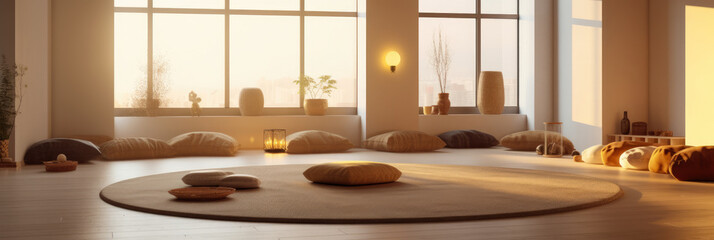 Panorama of a serene meditation room in a wellness center with comfortable cushions, warm lighting, and minimalist decor