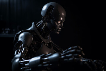 Naklejka premium Photorealistic portrait of a humanoid cyborg robot on dark background. Generative AI illustration
