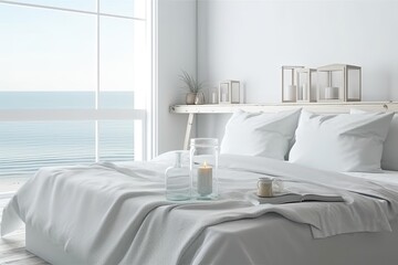 White architecture interior design, wooden table top or shelf with aromatic sticks bottles above blurring modern colored bedroom with double bed, bathroom, and panoramic window. Generative AI