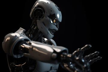 Fototapeta premium Photorealistic portrait of a humanoid cyborg robot on dark background. Generative AI illustration