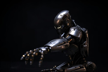 Fototapeta na wymiar Photorealistic portrait of a humanoid cyborg robot on dark background. Generative AI illustration