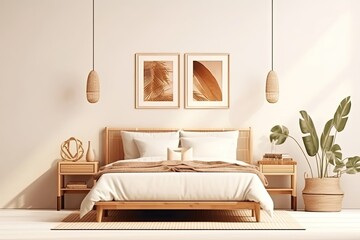 Warm neutrals for the interior of the bedroom, with a wooden bed, slatted headboard, wicker basket, and a trailing green plant. Illustration of a Japanese inspired decoration on a white backdrop
