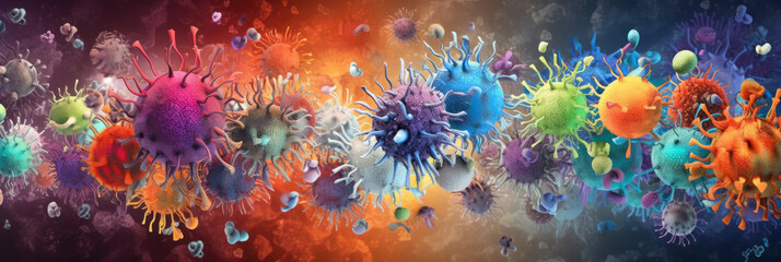 Fototapeta na wymiar Panoramic wallpaper of an artistic rendering of microscopic viruses against a bright, colorful background, representing virology