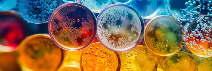 abstract panoramic wallpaper of a petri dish cultivating colorful bacterial colonies, symbolizing microbiology