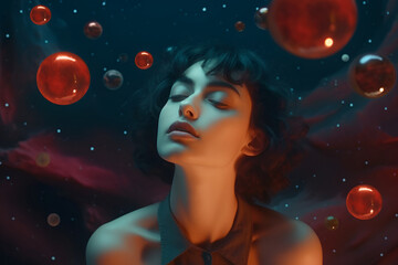 Surreal scene of a woman among floating glossy spheres