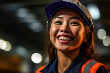 Naklejka premium A close - up shot featuring a female cargo worker in a warehouse setting. Generative AI