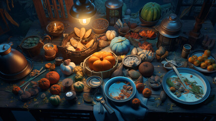 Cookies, pastry and baked goods cute art, dark blue and yellow, bakery interior, panoramic ai art for cafe