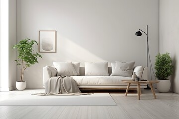 Fototapeta na wymiar White room mockup with white sofa and contemporary room decor. Generative AI
