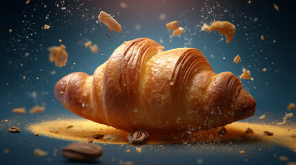 Croissant, tasty pastry, panoramic ai art for cafe, realistic, high speed action, cute art, pastel colors