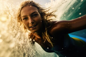 A photo of a female surfer surfing on a strong wave. Generative AI