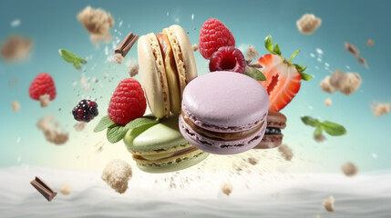 Macaroon cookies with flying berries, panoramic ai art for cafe, realistic, high speed action, cute art, vibrant colors