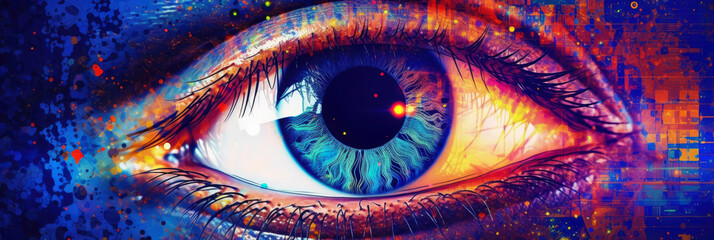abstract panoramic wallpaper of a stylized human eye made from digital pixels, against a vibrant gradient background, symbolizing ophthalmology - obrazy, fototapety, plakaty