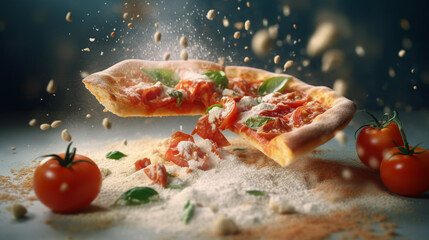 Pizza with tomatoes and exploding flour, panoramic ai art for cafe, realistic, high speed action, cute art, vibrant colors - 614010383