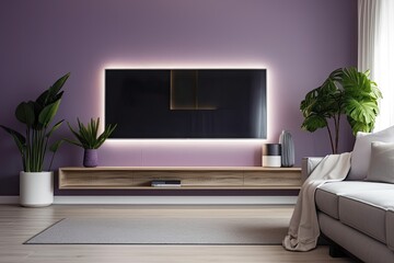 Fototapeta na wymiar With purple gradations on the TV and sofa, the décor is simple. Generative AI