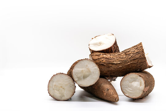 Cassava (Manihot esculenta) cut out isolated on white background. organic. selective focus. copy space